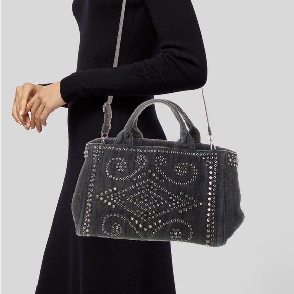 SOLD………Prada Canapa Studded Grommet Embellished Denim Tote w/ Long Strap RARE - Picture 2 of 16